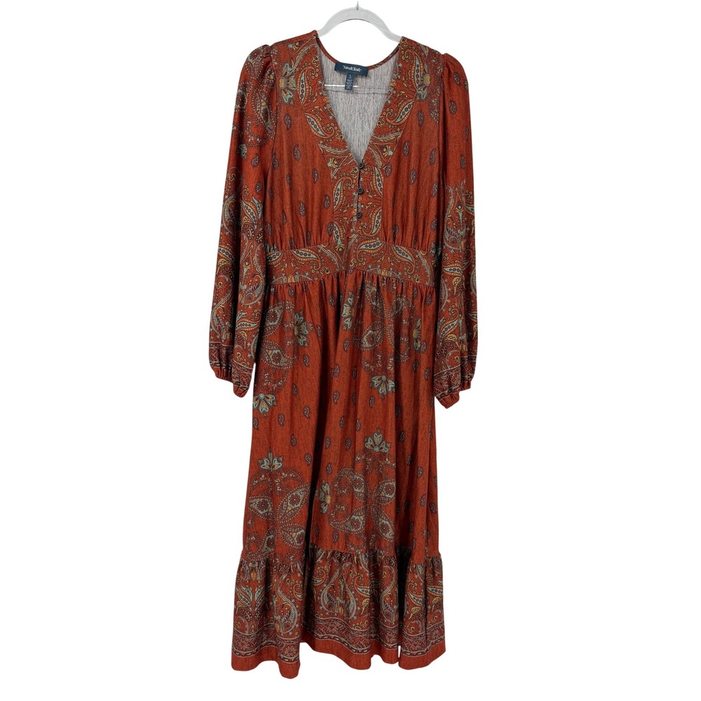 ModCloth Rust Orange Paisley V-Neck Midi Dress Long Sleeve Smocked Back Large